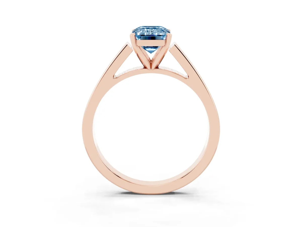 Fancy Blue Emerald Cut Solitaire Engagement Ring with Four-Prong Setting and Tapered Band Rose gold