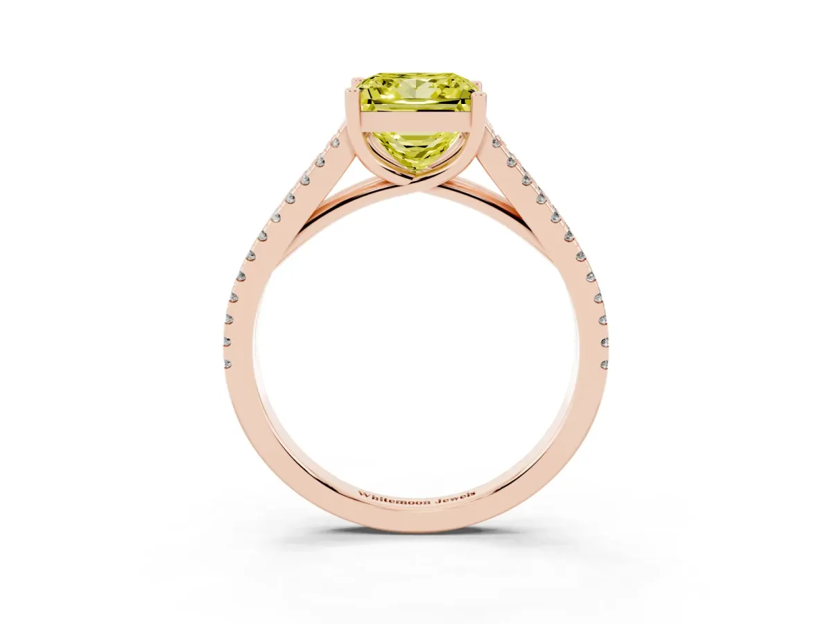 Fancy Yellow Princess Cut Diamond Solitaire Engagement Ring with Split Shank Pavé Band Rose gold