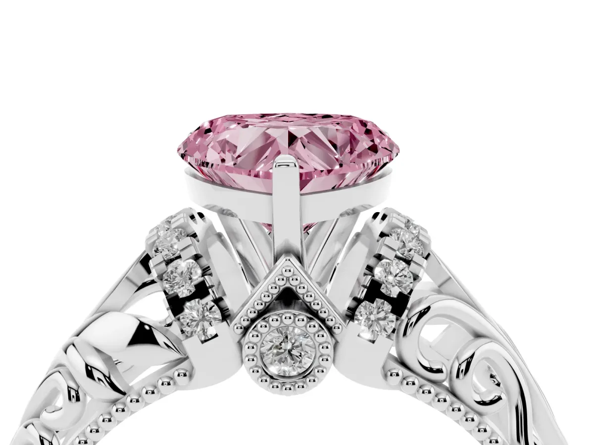 Fancy Pink Heart Cut Solitaire Filigree Engagement Ring with Halo and Prong Setting Platinum