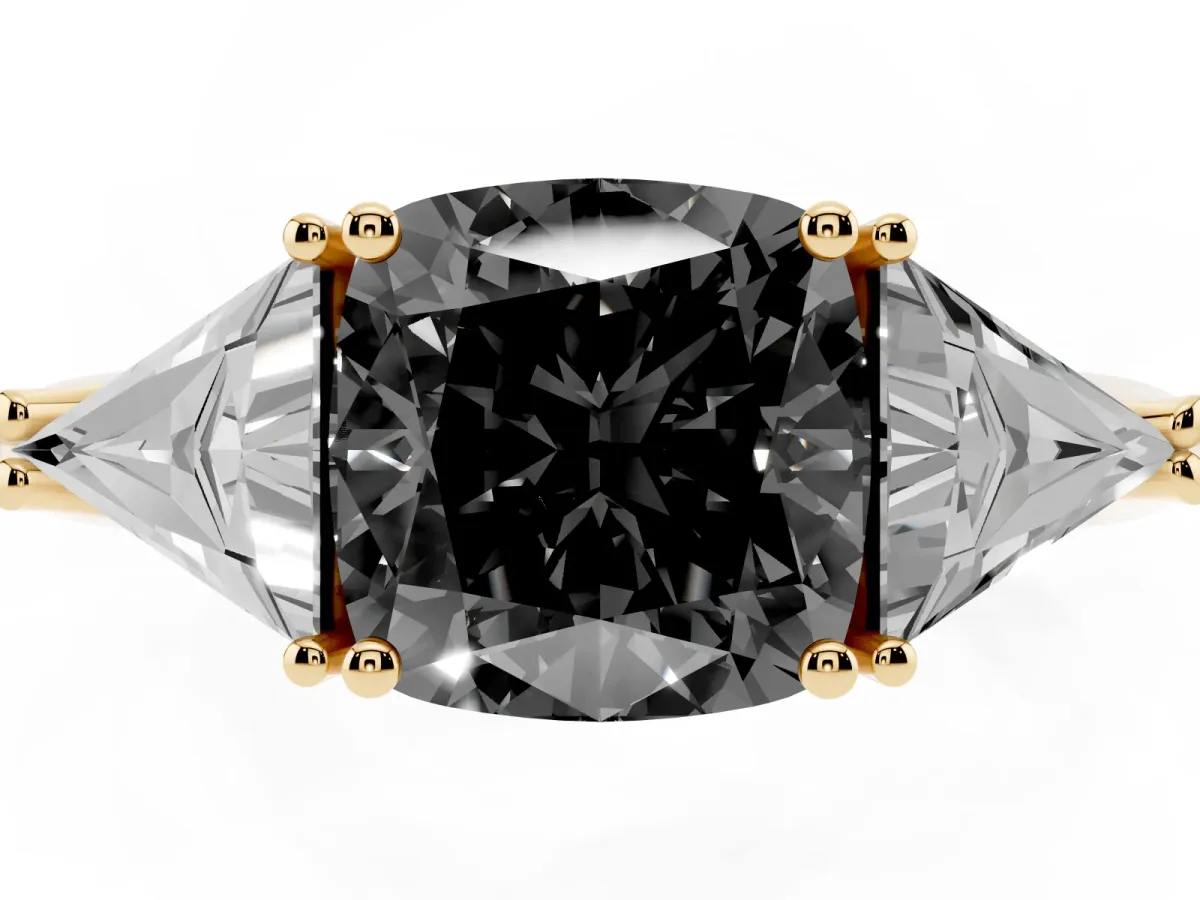 Fancy Black Three-Stone Cushion Cut Diamond Engagement Ring with Trillion Side Stones and Prong Setting Yellow gold