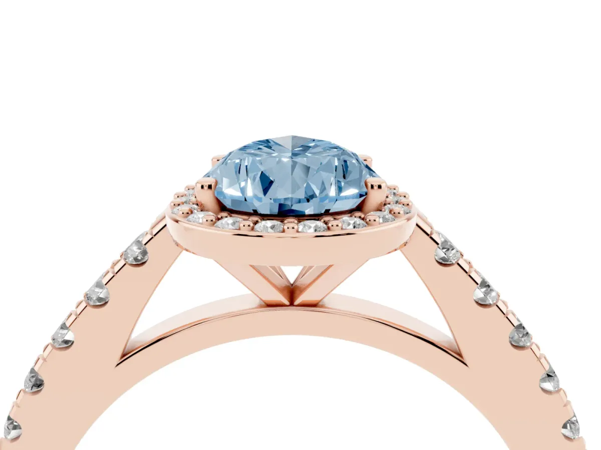 Fancy Blue Pear Cut Cut Halo Diamond Engagement Ring with Pave Band and Four-Prong Setting Rose gold