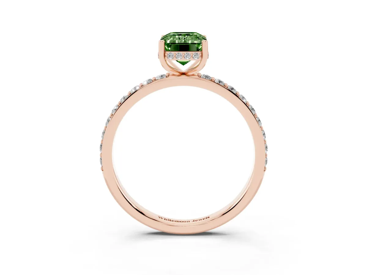Fancy Green Emerald Cut Diamond Solitaire Ring with Pavé Band and Hidden Halo Rose gold