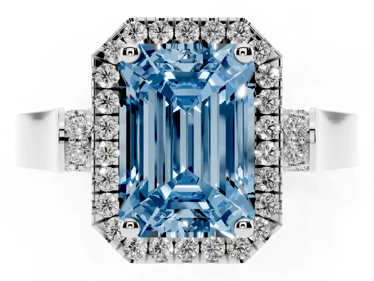 Fancy Blue Emerald Cut Halo Round Diamond Twist Band with Four-Prong Setting Silver