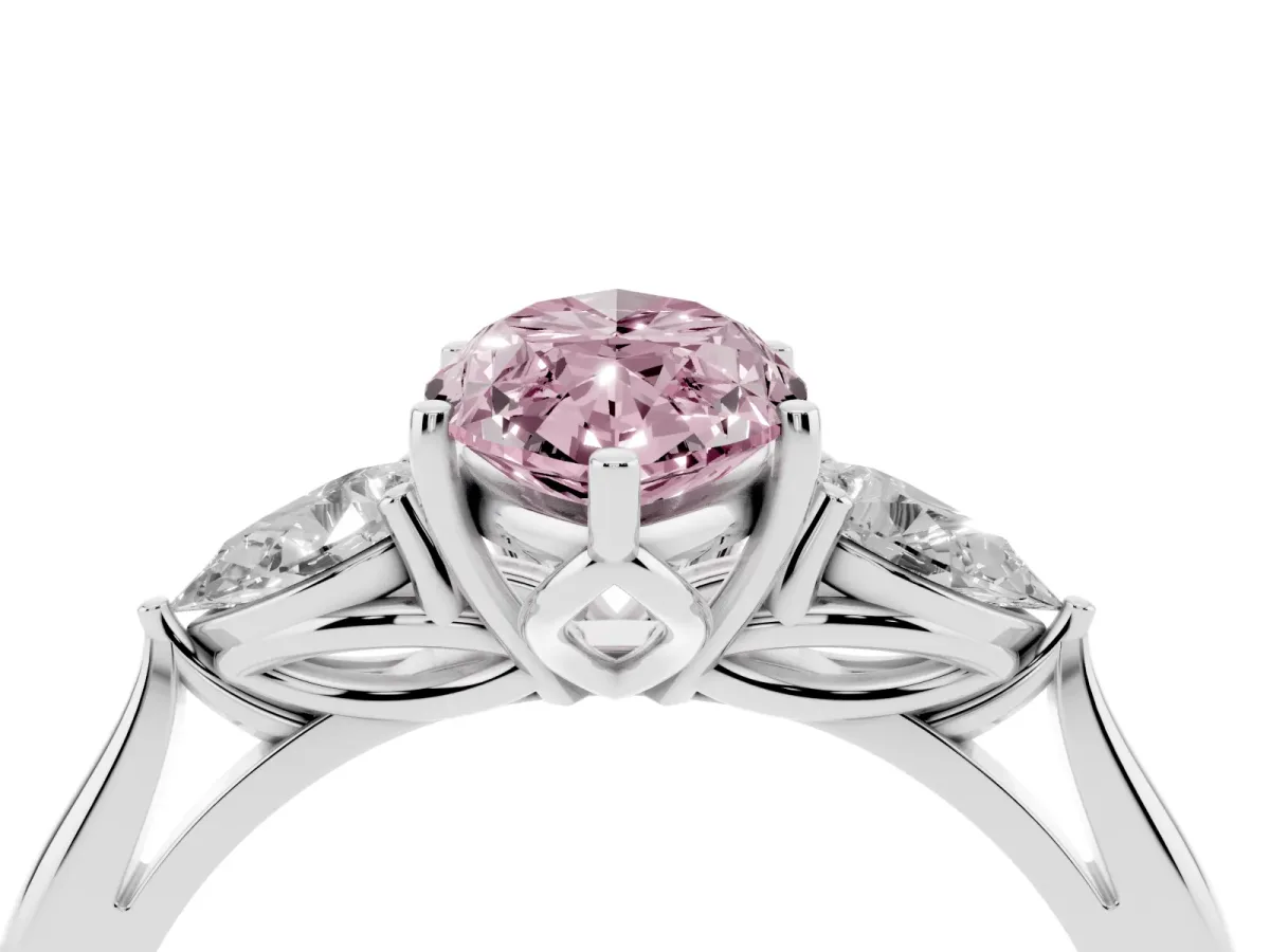 Fancy Pink Three-Stone Marquise Cut Brilliant Diamond Solitaire Ring with Tapered Band and Four-Prong Setting Platinum