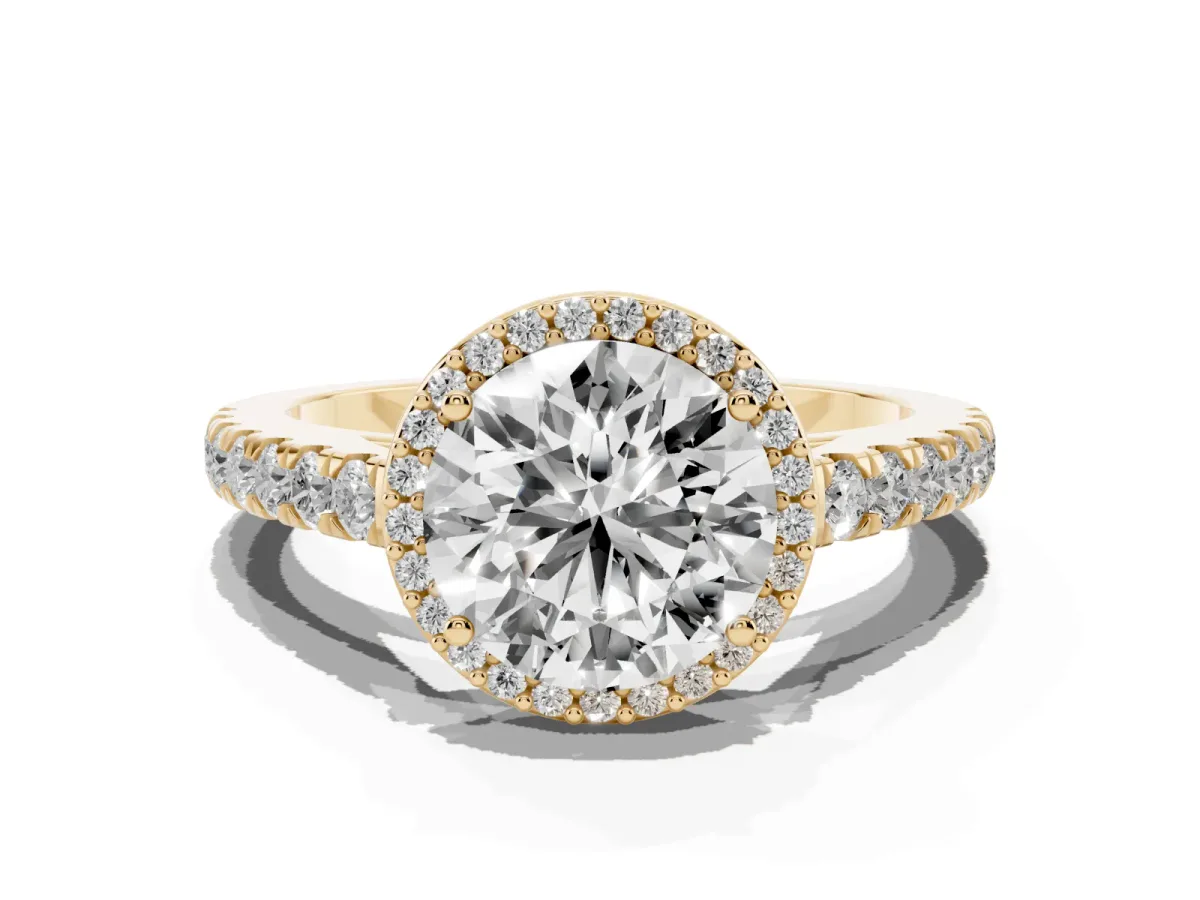 Round Cut Cut Halo Diamond Engagement Ring with Pave Band and Four-Prong Setting Yellow gold