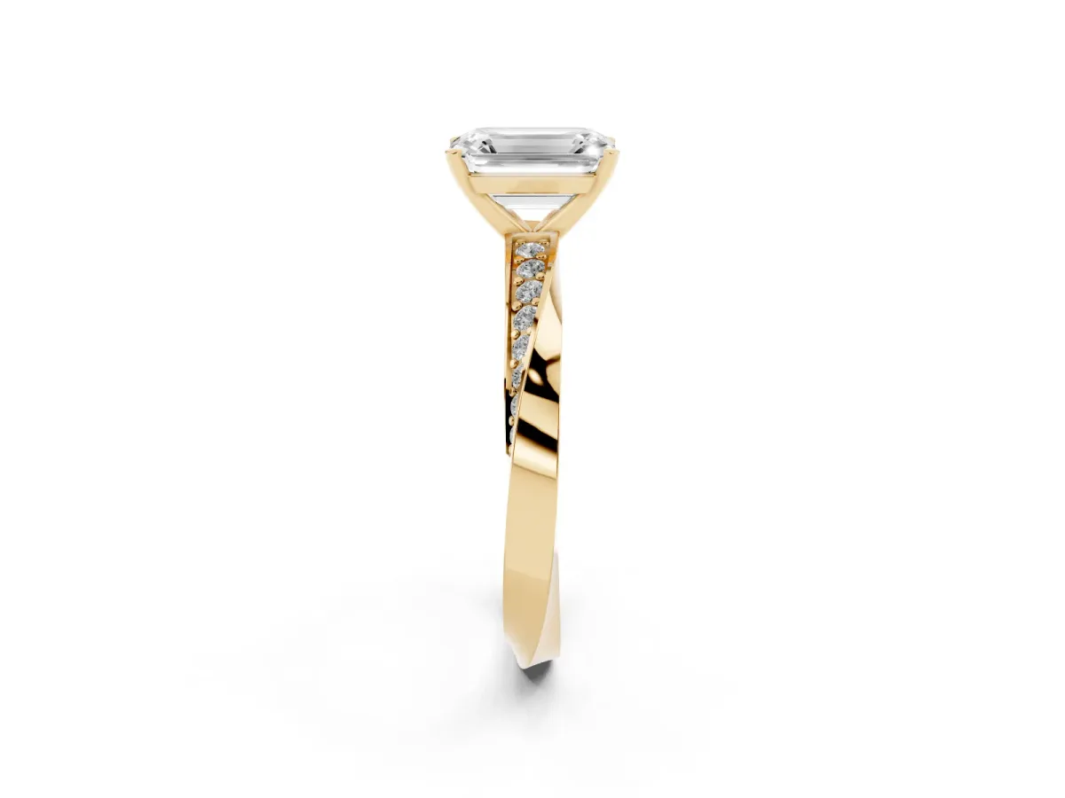 Emerald Cut Diamond Engagement Ring with Side Stone Accents and Four-Prong Setting Yellow gold