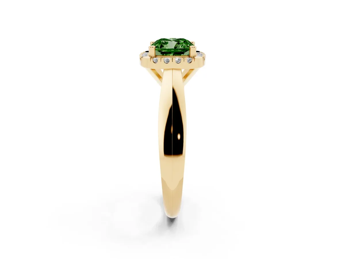 Fancy Green Cushion Cut Cut Halo Solitaire Engagement Ring with Square Band and Four-Prong Setting Yellow gold