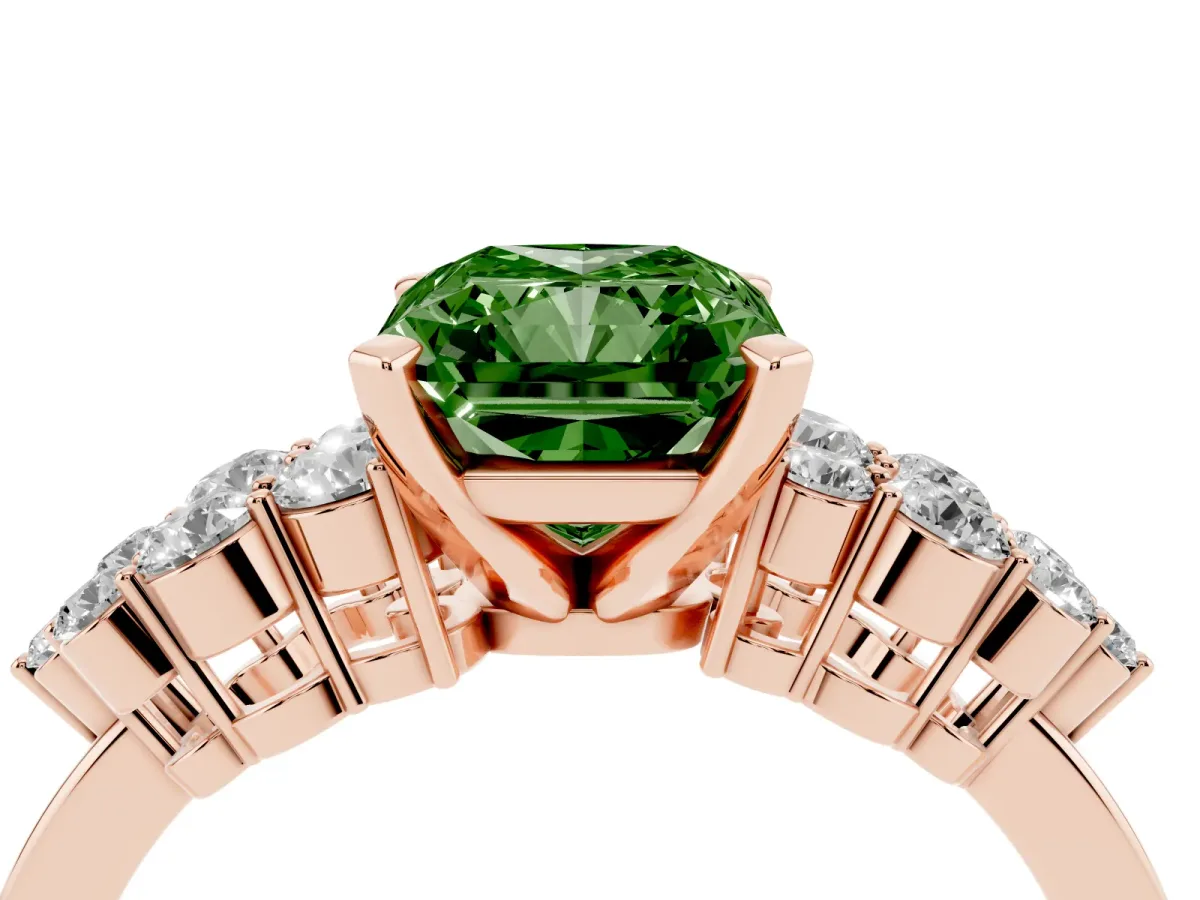 Fancy Green Radiant Cut Cluster Diamond Engagement Ring with Pavé Band and Four-Prong Setting Rose gold