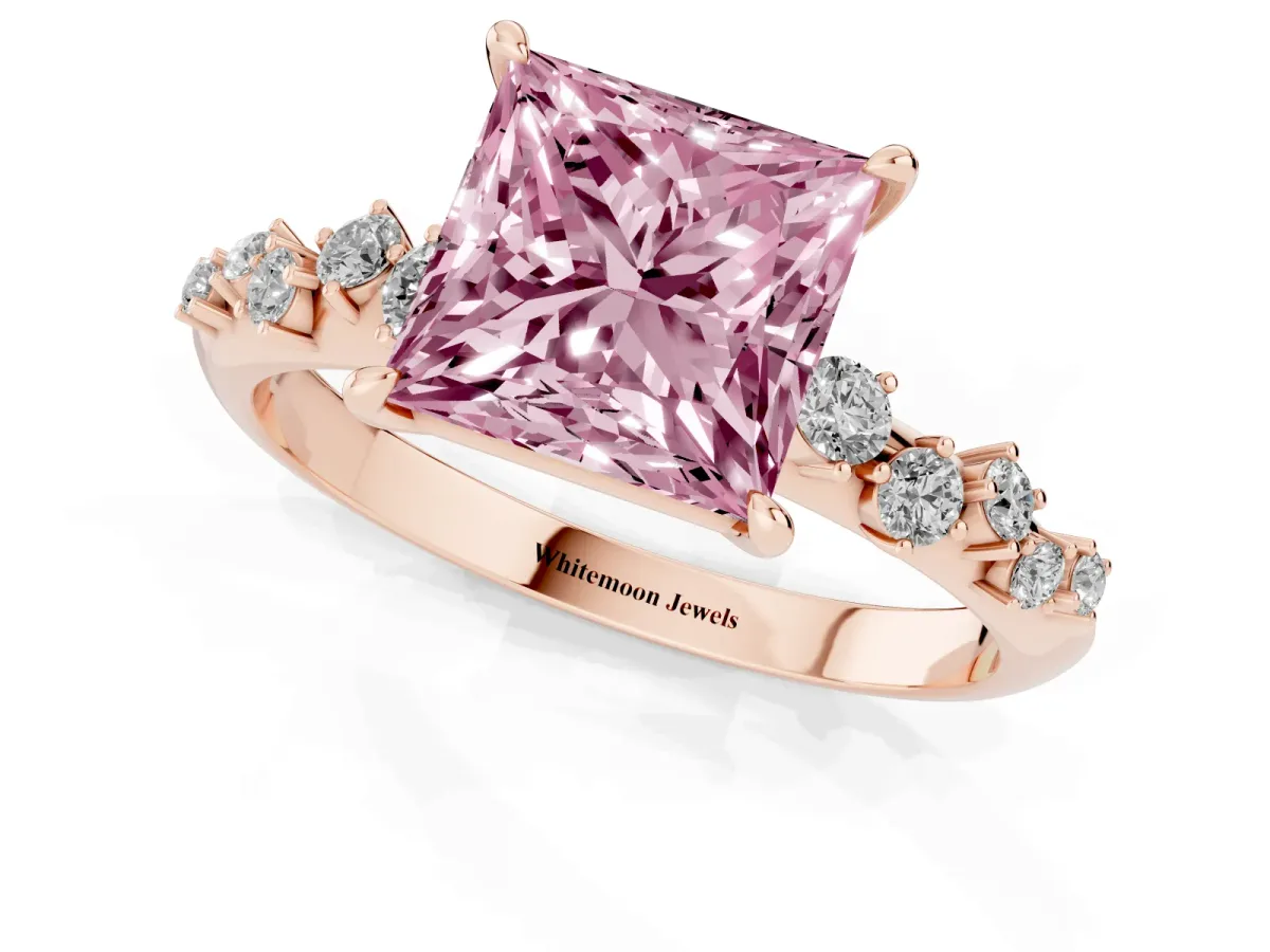 Fancy Pink Princess Cut Diamond Cluster Side Stone Solitaire Ring with Prong Setting Rose gold