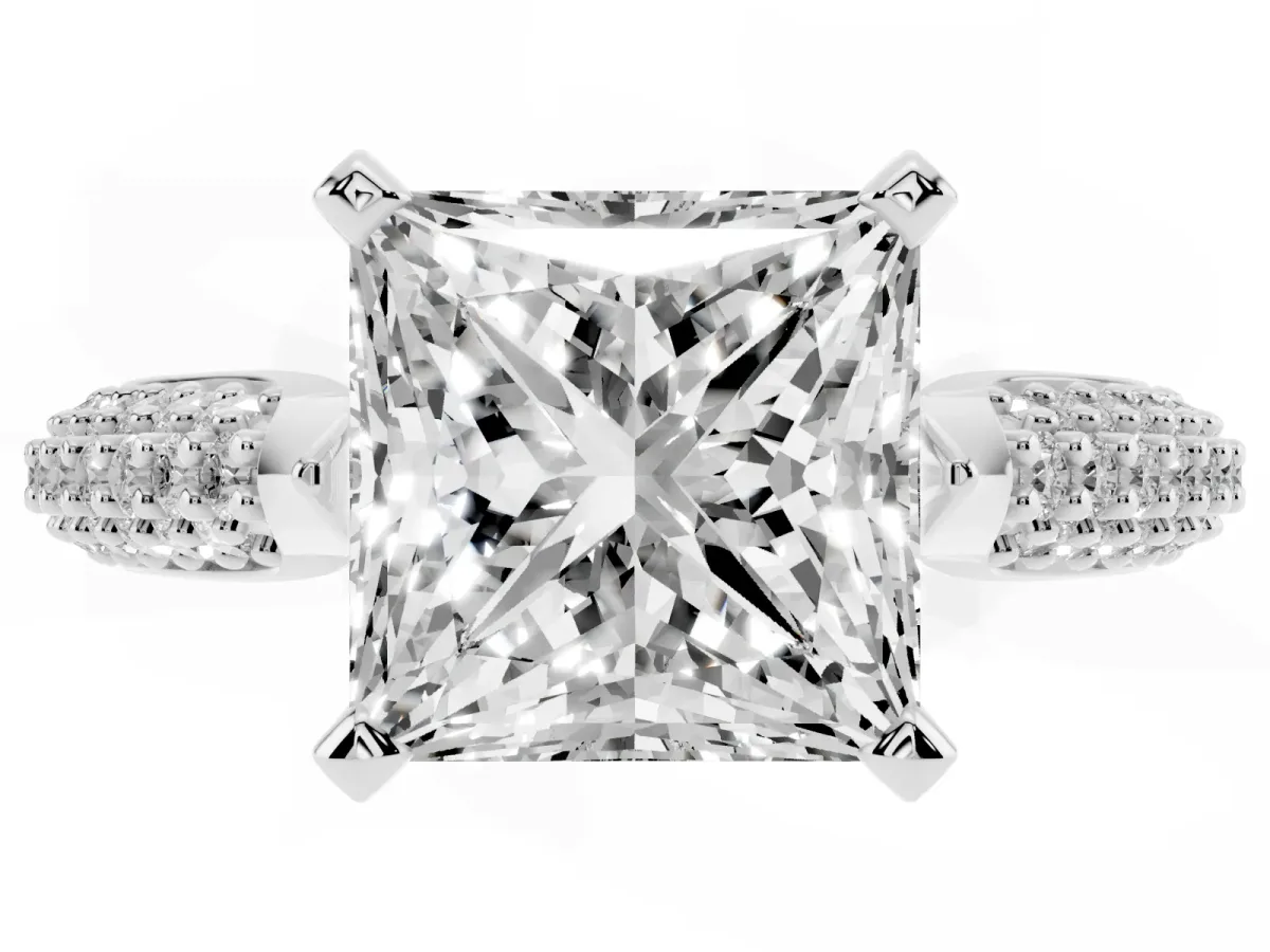 Princess Cut Diamond Solitaire Engagement Ring with Multi-Row Round Pavé Band and Prong Setting Silver