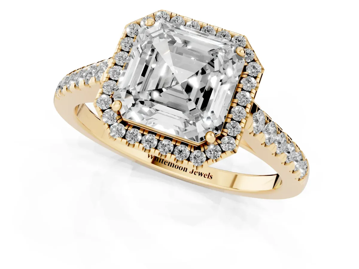Asscher Cut Halo Pave Diamond Engagement Ring with Four-Prong Setting Yellow gold