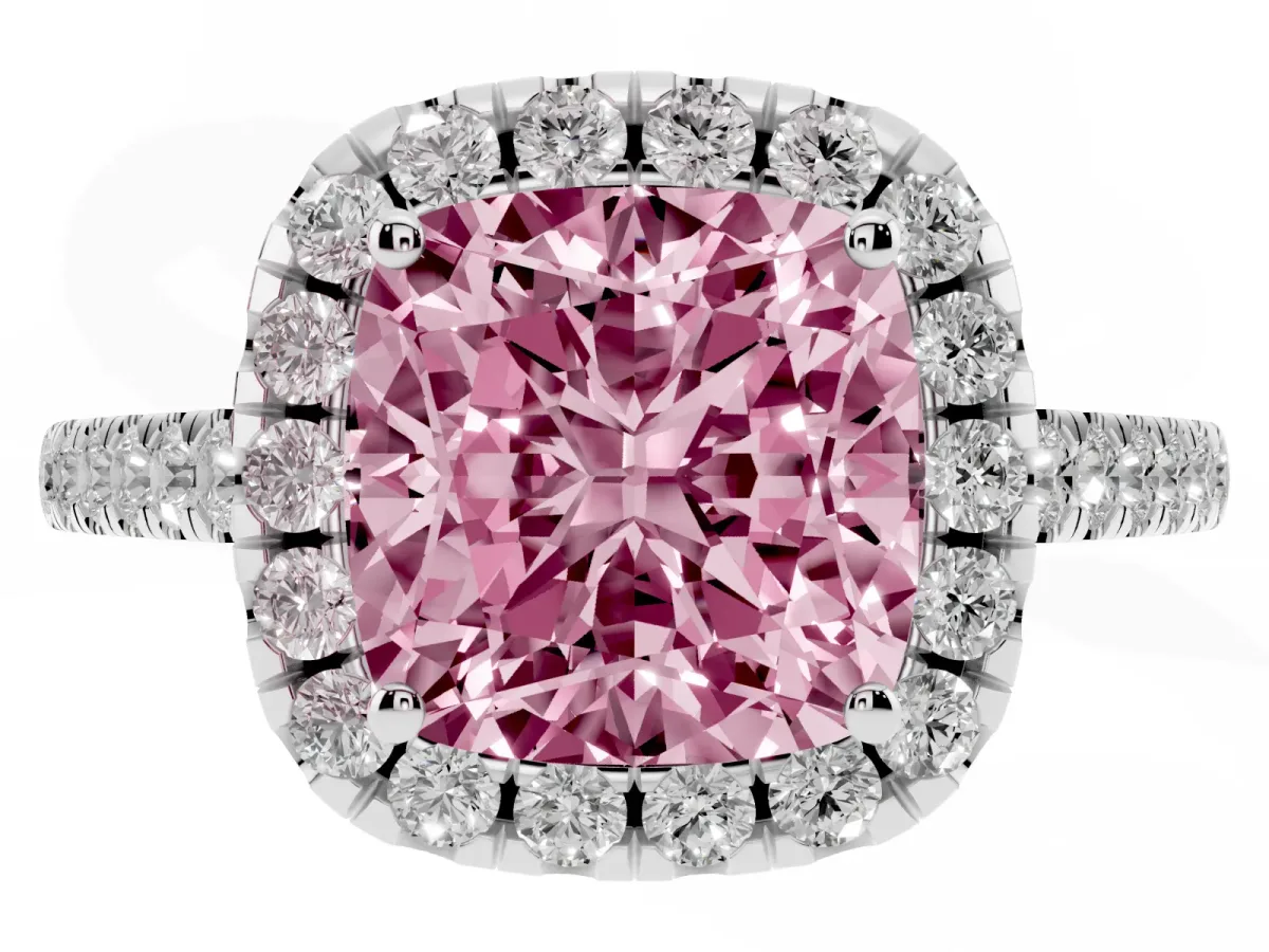 Fancy Pink Cushion Cut Halo Pavé Diamond Engagement Ring with Four-Prong Setting Silver