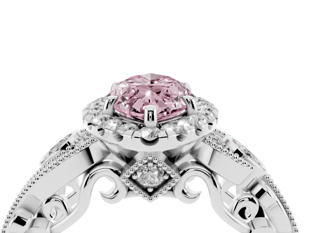Fancy Pink Marquise Cut Halo Diamond Ring with Milgrain and Bezel Accents on a Split Shank Band White gold