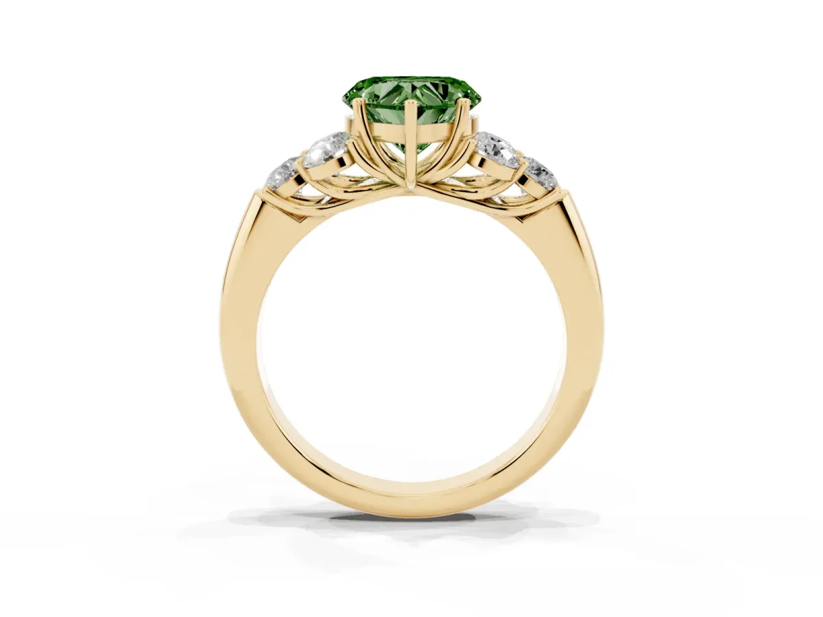 Fancy Green Heart Cut Cut Diamond Cluster Ring with Round Accent Stones and Prong Setting on a Classic Band Yellow gold
