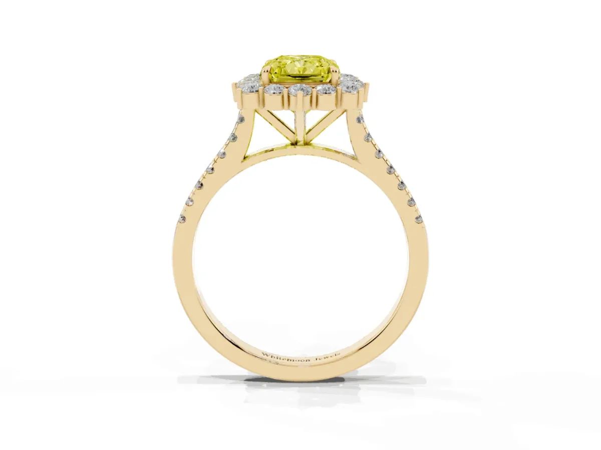 Fancy Yellow Radiant Cut Halo Diamond Ring with Pavé Band and Prong Setting Yellow gold
