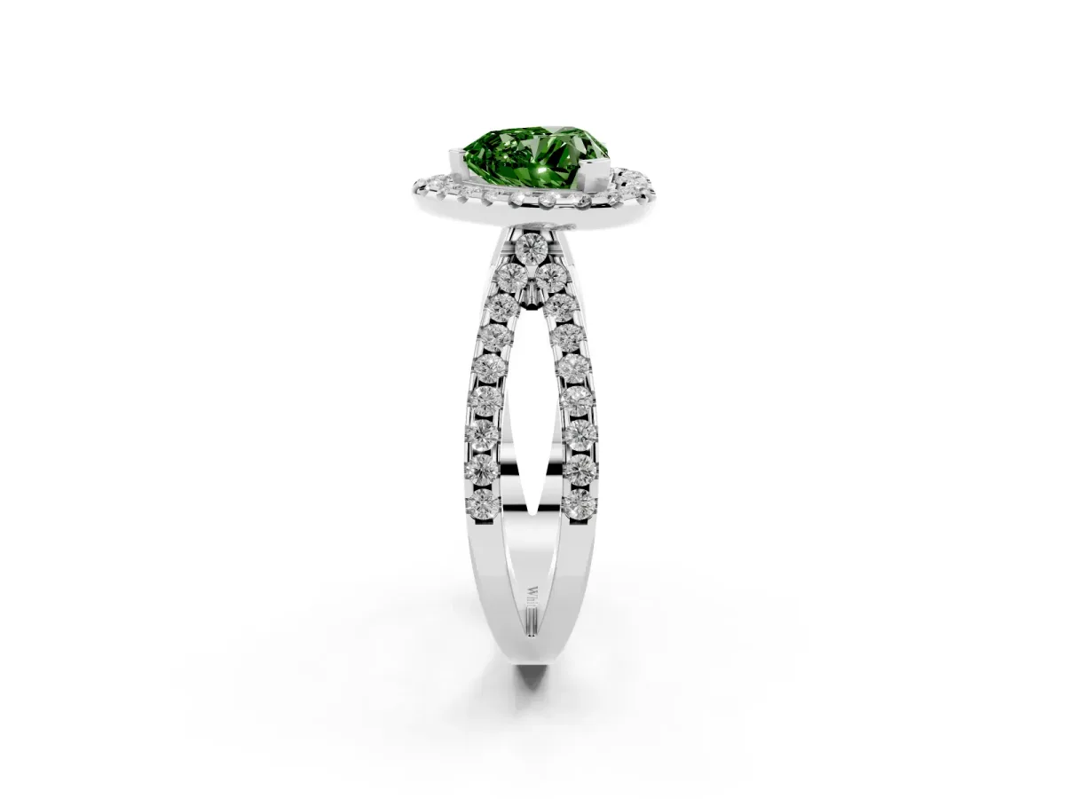 Fancy Green Heart Cut Diamond Halo Ring with Split Shank Pavé Band and Prong Setting Silver