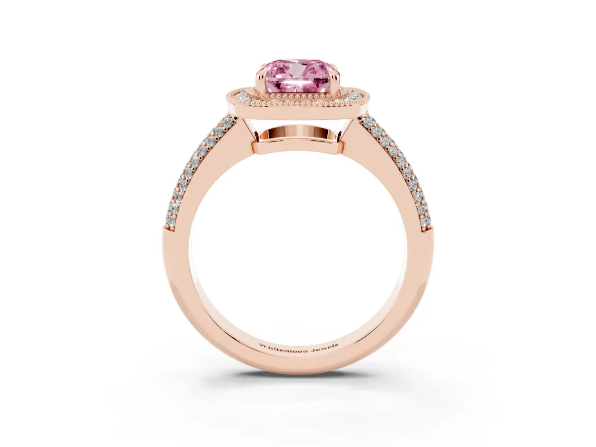 Fancy Pink Cushion Cut Cut Halo Diamond Pave Band with Four-Prong Setting Rose gold