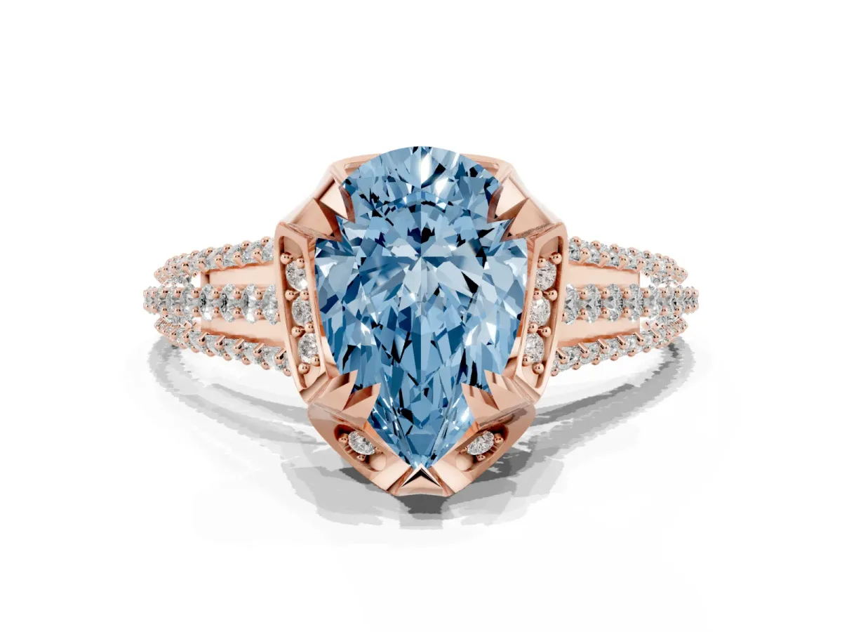 Fancy Blue Pear Cut Solitaire Pave Split Shank Ring with Four-Prong Setting Rose gold