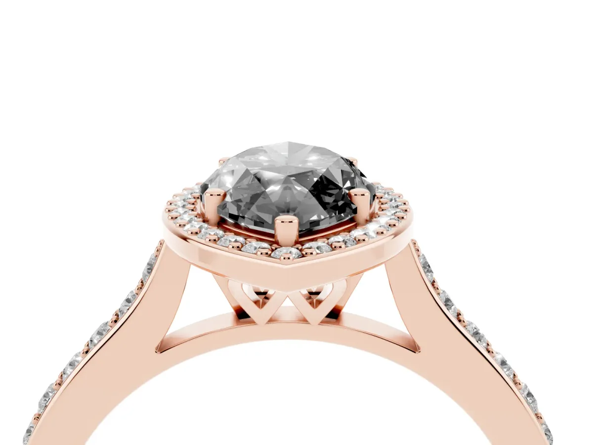 Fancy Black Marquise Cut Diamond Halo Engagement Ring with Round Pavé Shoulders and Prong Setting Rose gold