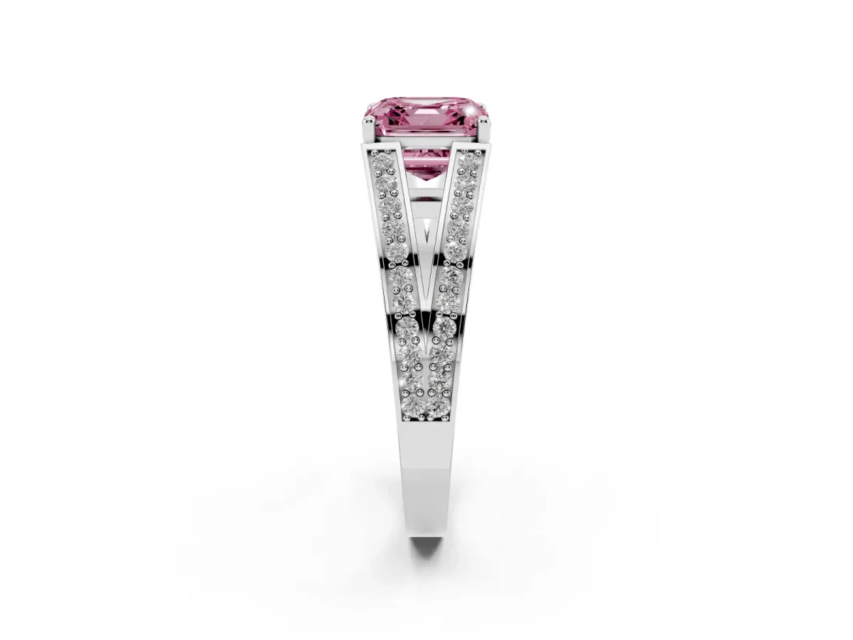Fancy Pink Asscher Cut Diamond Split Shank Ring with Pavé Band and Four-Prong Setting White gold