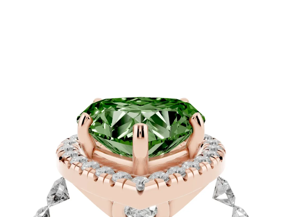 Fancy Green Heart Cut Halo Pavé Diamond Engagement Ring with Four-Prong Setting Rose gold