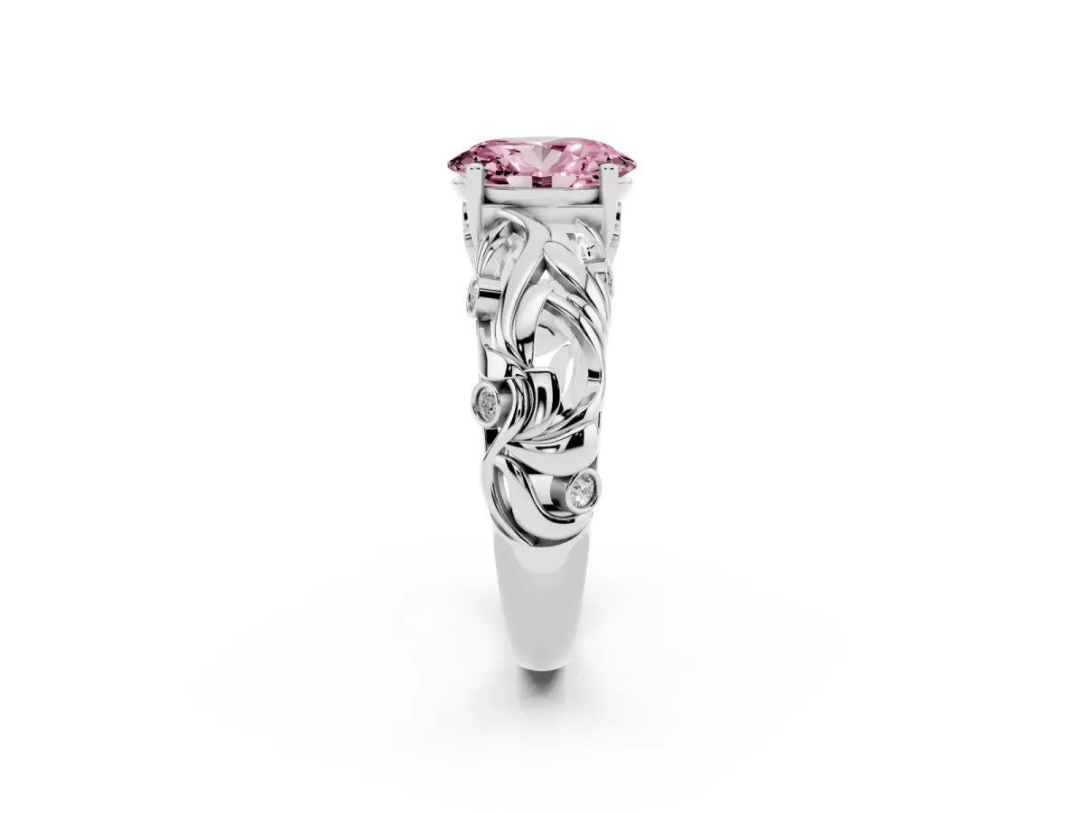 Fancy Pink Oval Cut Solitaire Diamond Leaf-Inspired Vine Band Ring with Prong Setting Silver