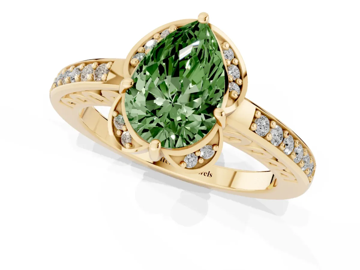 Fancy Green Pear Cut Cut Halo Diamond Ring with Channel Set Band and Four-Prong Setting Yellow gold