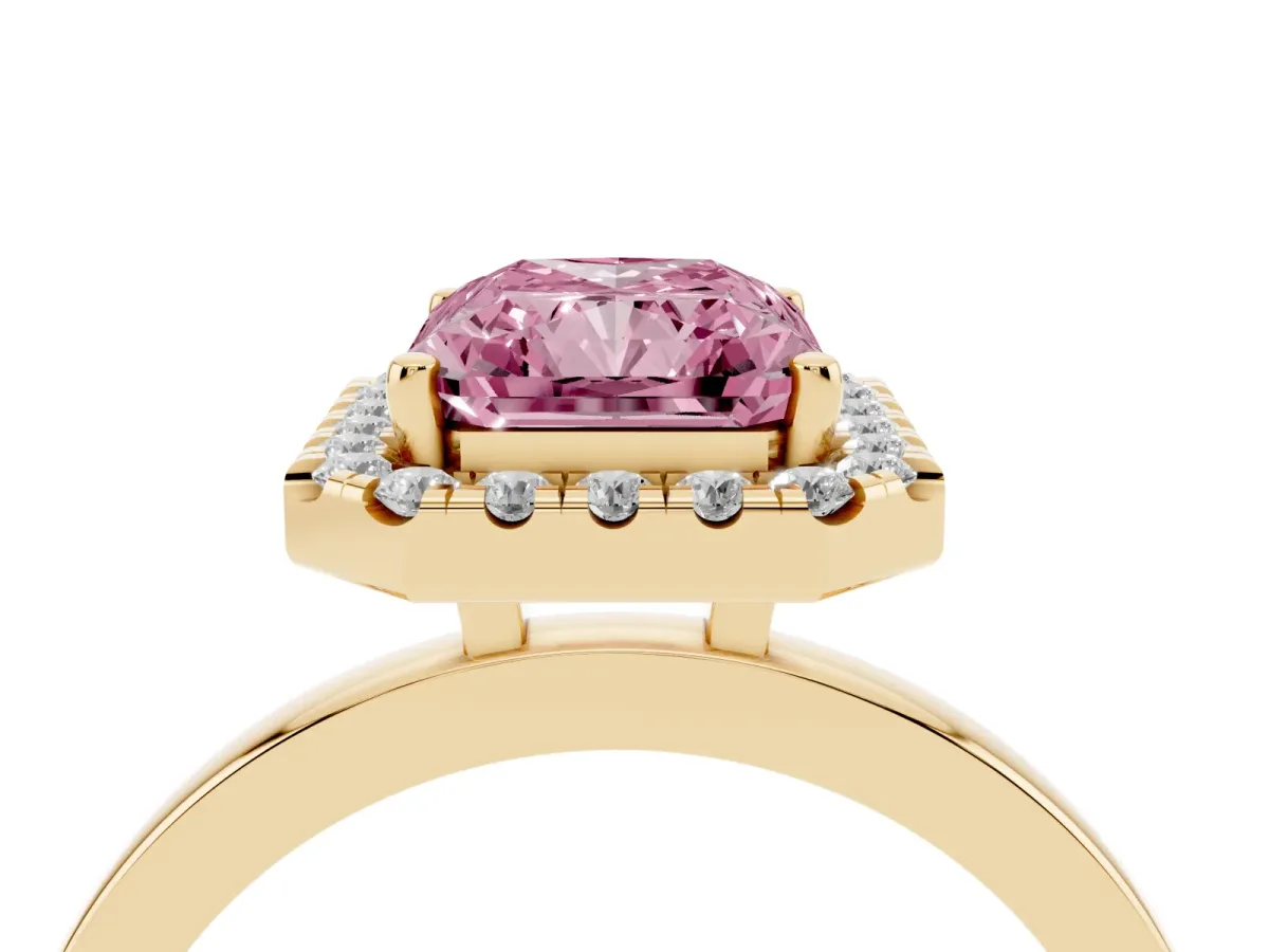 Fancy Pink Radiant Cut Halo Diamond Solitaire with Pavé Band and Four-Prong Setting Yellow gold