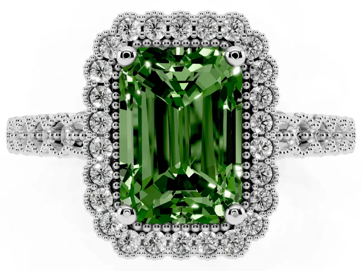 Fancy Green Radiant Cut Cut Halo Pavé Solitaire Ring with Milgrain Band Platinum