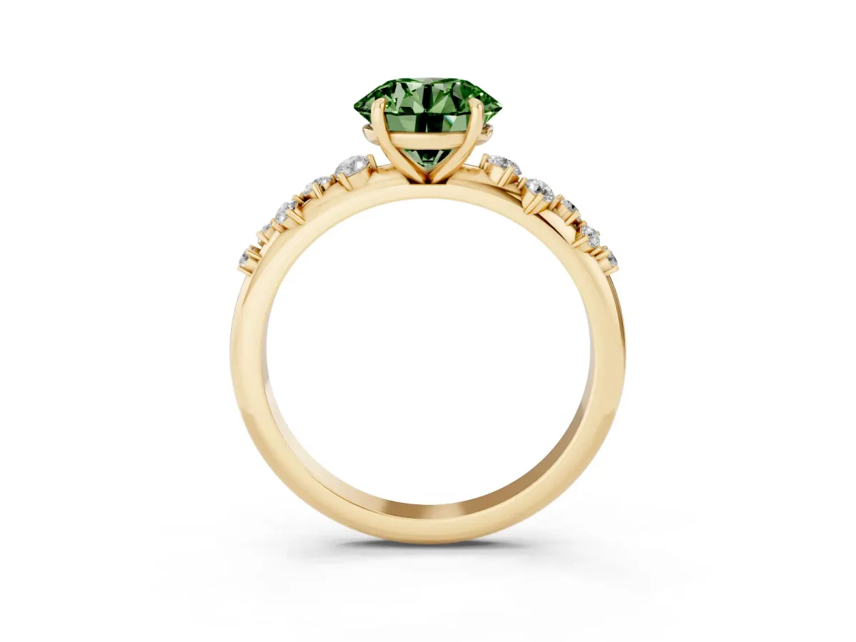 Fancy Green Round Cut Diamond Cluster Prong-Set Solitaire Ring Yellow gold