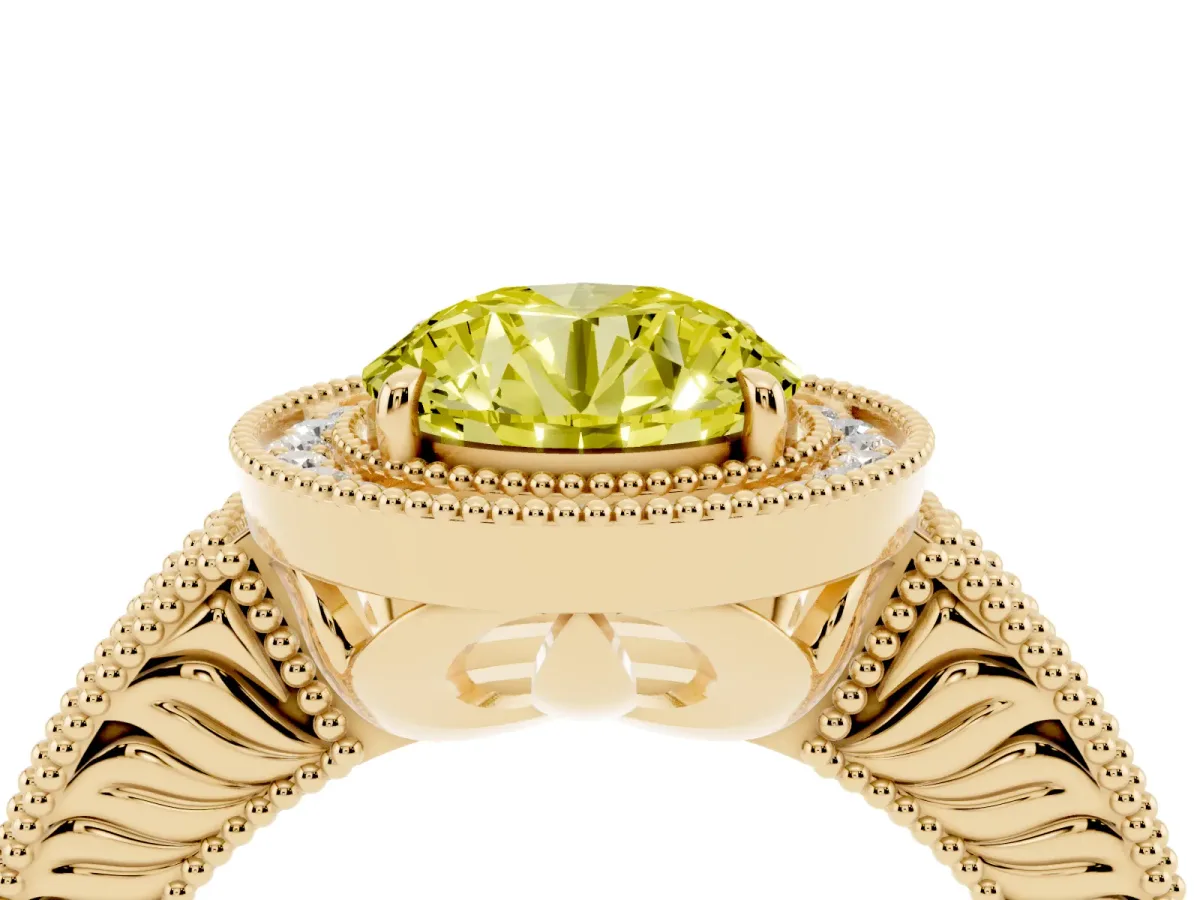 Fancy Yellow Round Cut Cut Halo Diamond Ring with Pavé Band and Four-Prong Setting Yellow gold