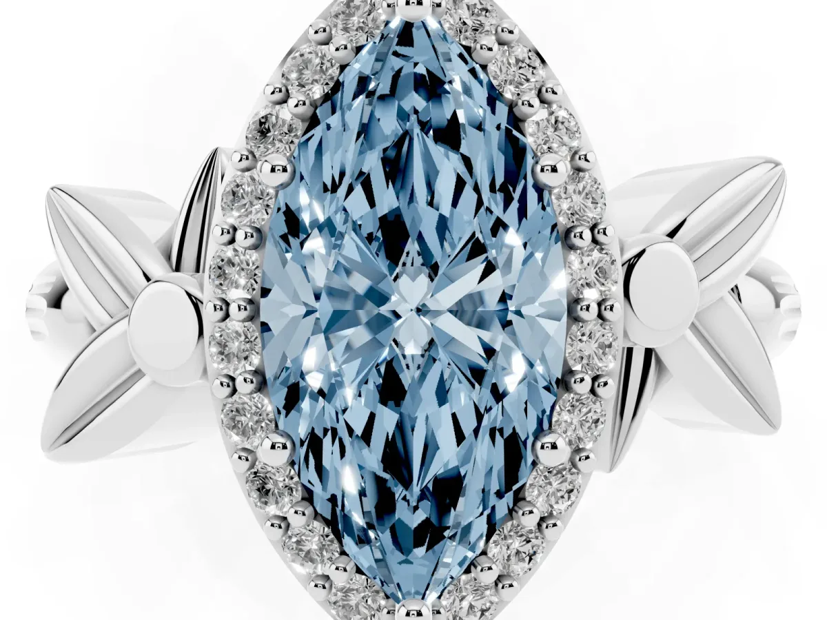 Fancy Blue Marquise Cut Halo Diamond Floral Band with Four-Prong Setting Silver