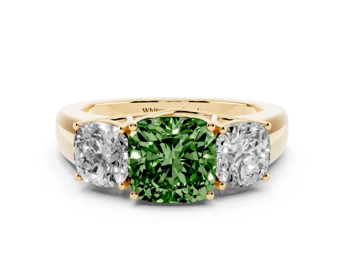 Fancy Green Three-Stone Cushion Cut Cut Diamond Ring with Prong Setting and Classic Band Yellow gold