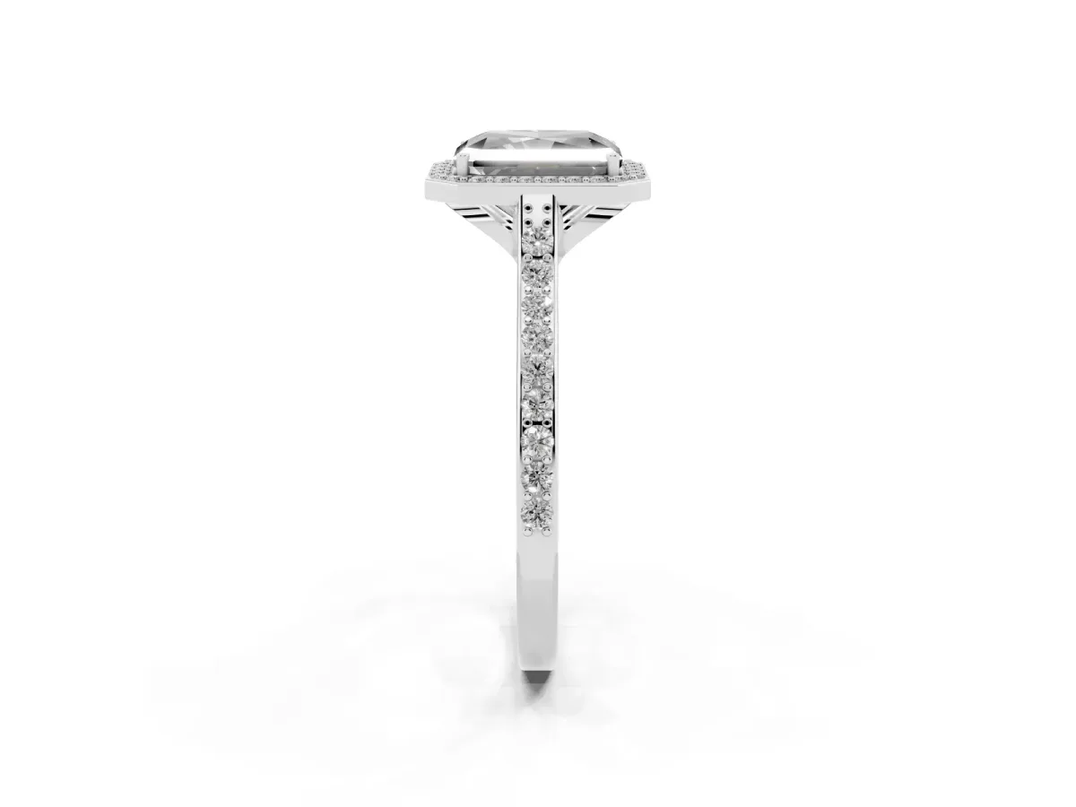 Fancy Black Radiant Cut Diamond Halo Engagement Ring with Round Pavé Shoulders and Prong Setting Platinum