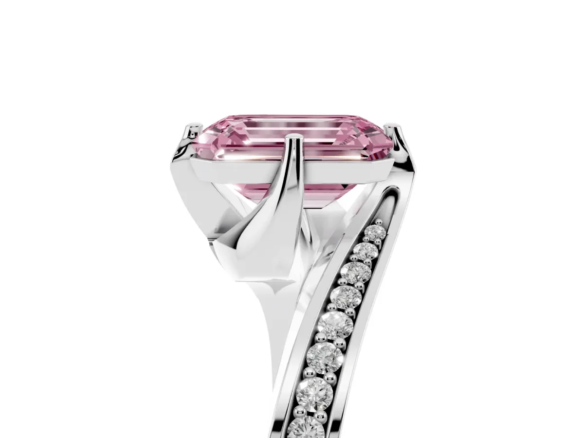 Fancy Pink Emerald Cut Solitaire Diamond Twist Band with Pavé Setting and Four-Prong Setting Silver