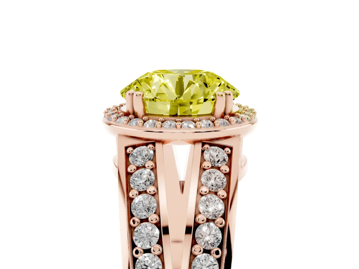 Fancy Yellow Round Cut Diamond Halo Ring with Split Shank Pavé Band and Four-Prong Setting Rose gold