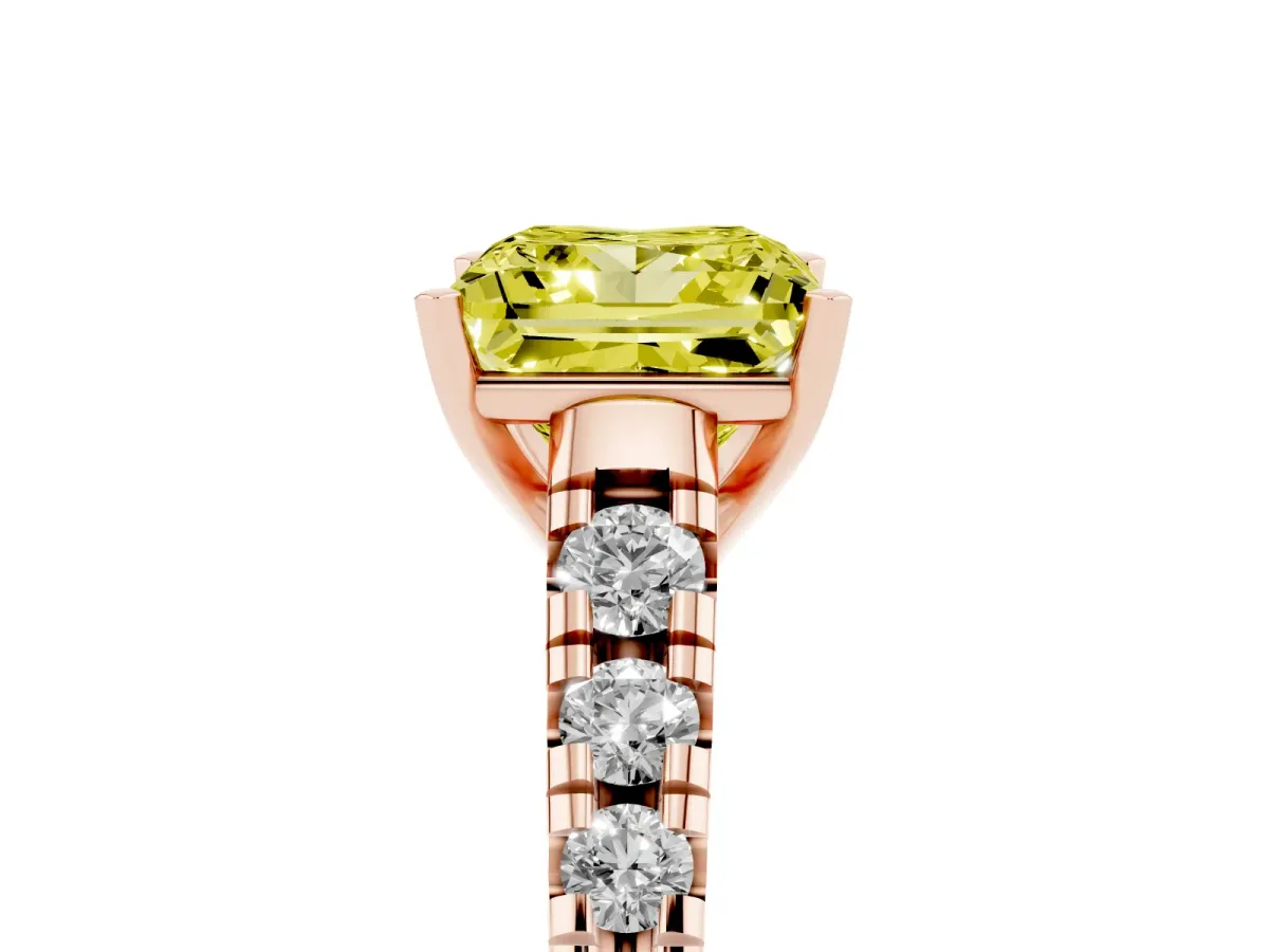 Fancy Yellow Princess Cut Diamond Cathedral Solitaire Ring with Round Pavé Band Rose gold