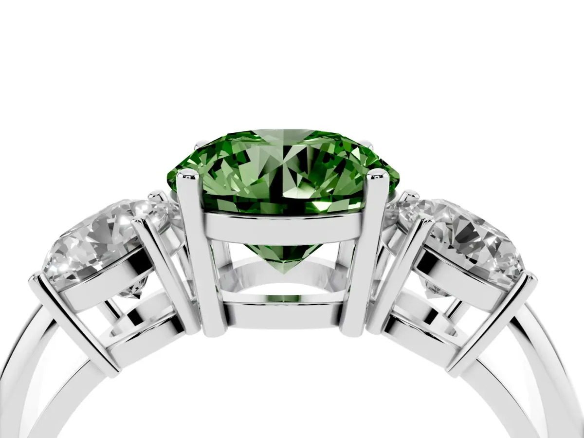 Fancy Green Three-Stone Round Cut Cut Diamond Engagement Ring with Prong Setting on a White Gold Band Silver