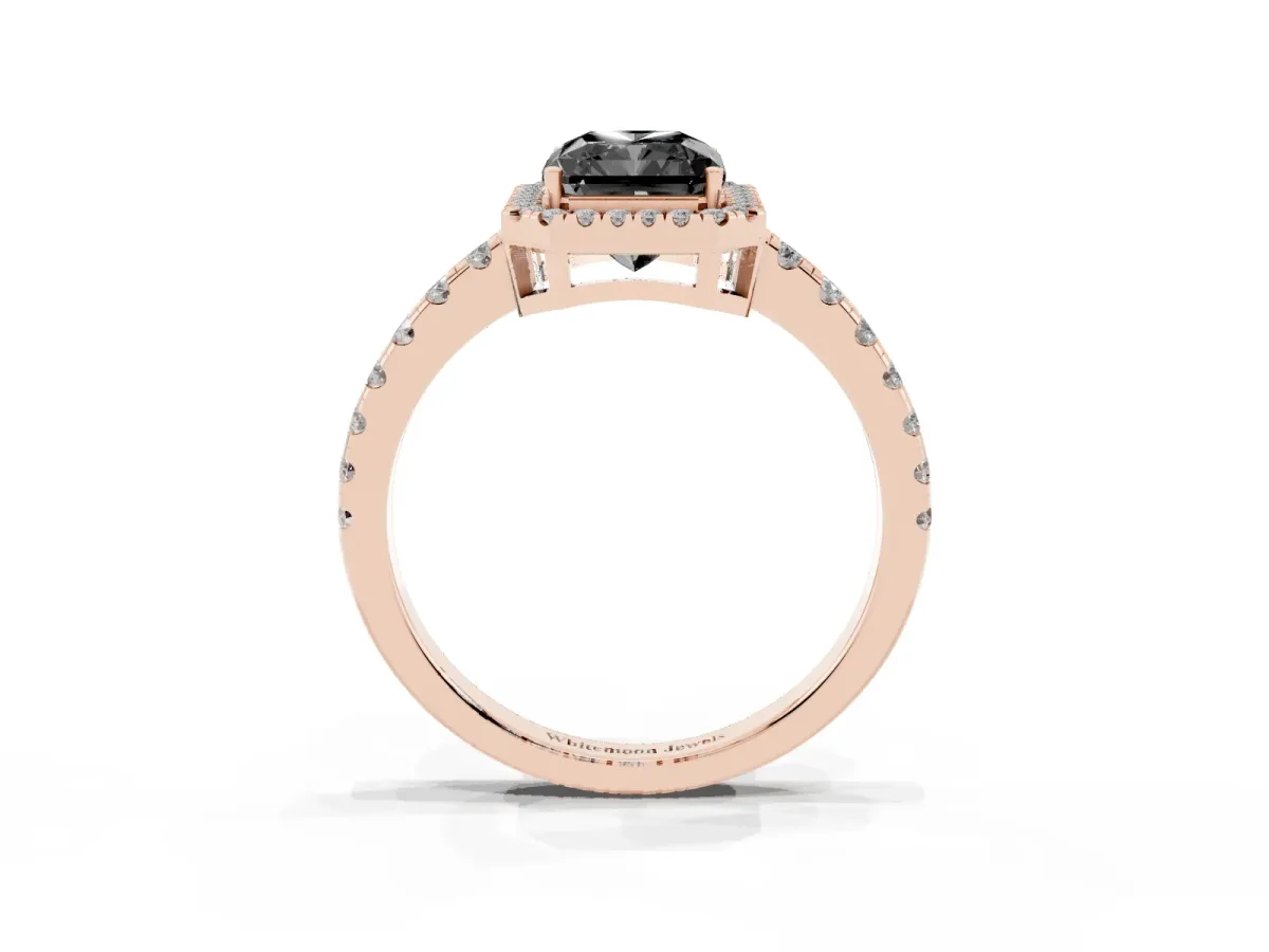 Fancy Black Radiant Cut Diamond Halo Ring with Pavé Band and Four-Prong Setting Rose gold