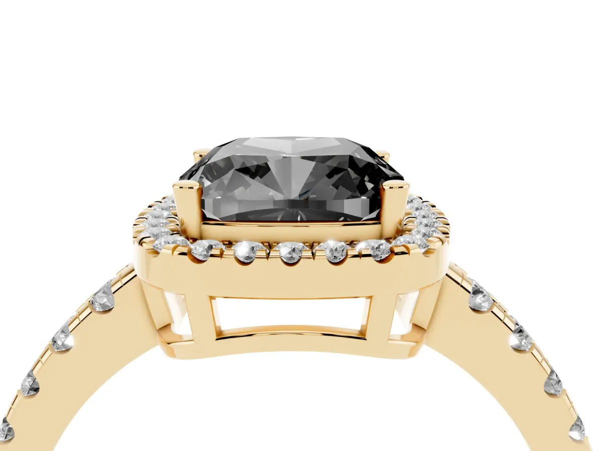 Fancy Black Cushion Cut Diamond Halo Ring with Pavé Band and Four-Prong Setting Yellow gold