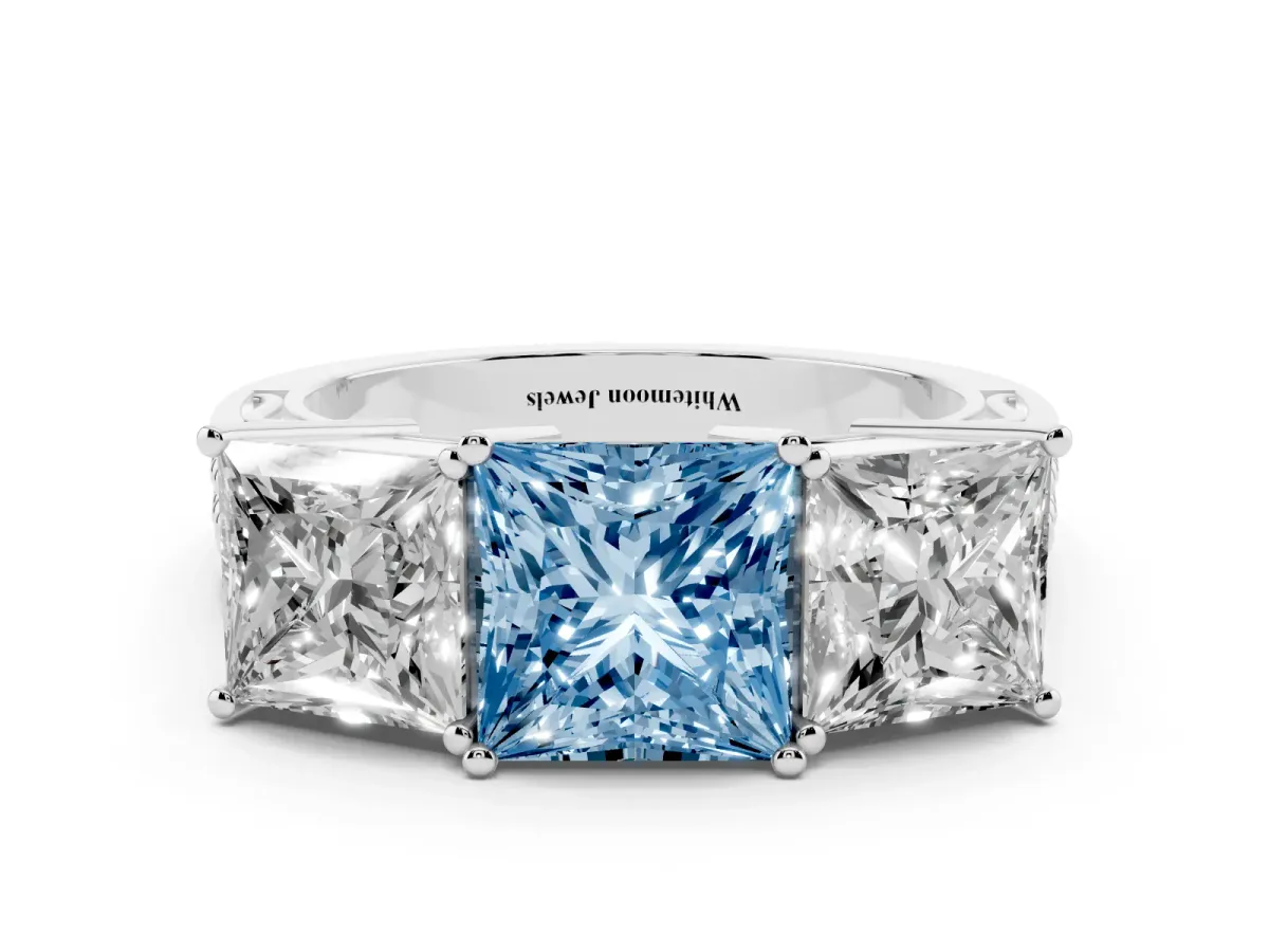 Fancy Blue Princess Cut Diamond Three-Stone Ring with Prong Setting and Textured Band Silver