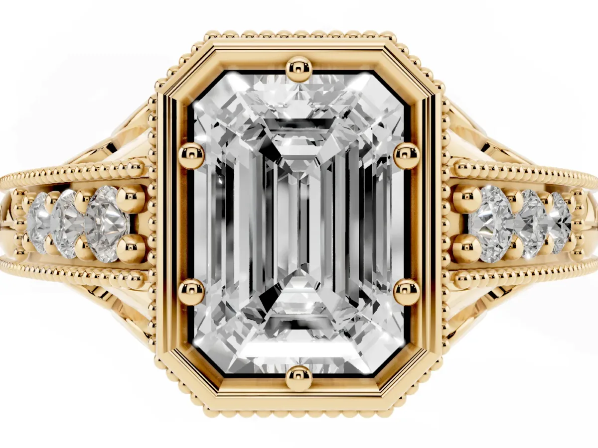 Bezel Set Emerald Cut Diamond Milgrain Pave Engagement Ring Yellow gold