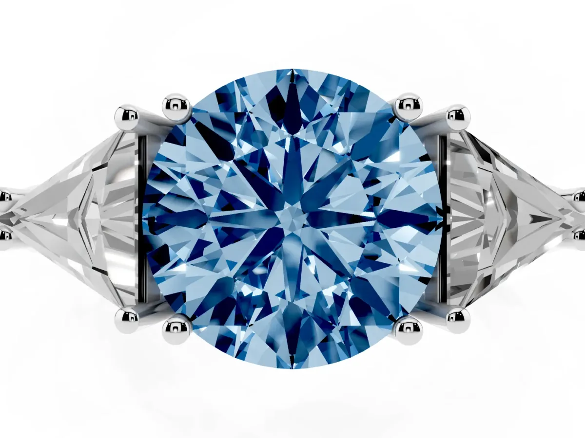 Fancy Blue Three-Stone Round Cut Diamond Engagement Ring with Trillion Side Stones and Prong Setting Silver