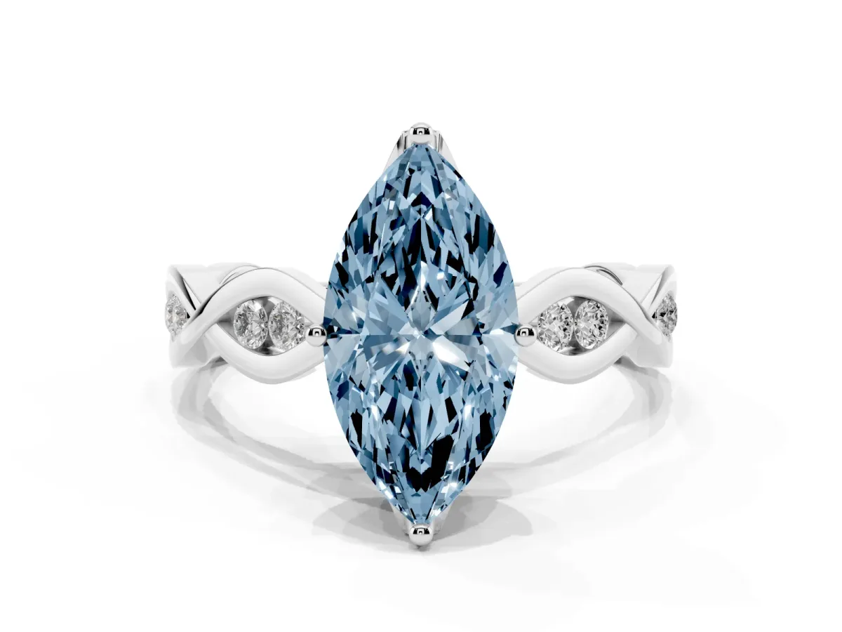 Fancy Blue Marquise Cut Solitaire Twist Band with Leaf Prong Setting Silver