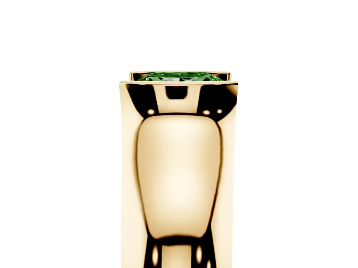 Fancy Green Princess Cut Solitaire Bezel Set Diamond Ring with Wide Band Yellow gold
