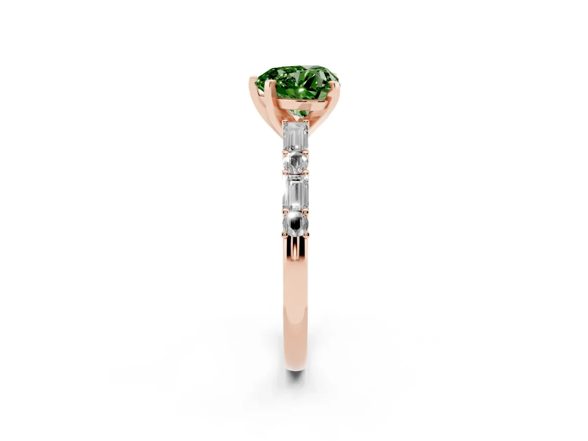 Fancy Green Heart Cut Diamond Solitaire with Side Baguettes and Channel Set Band Rose gold