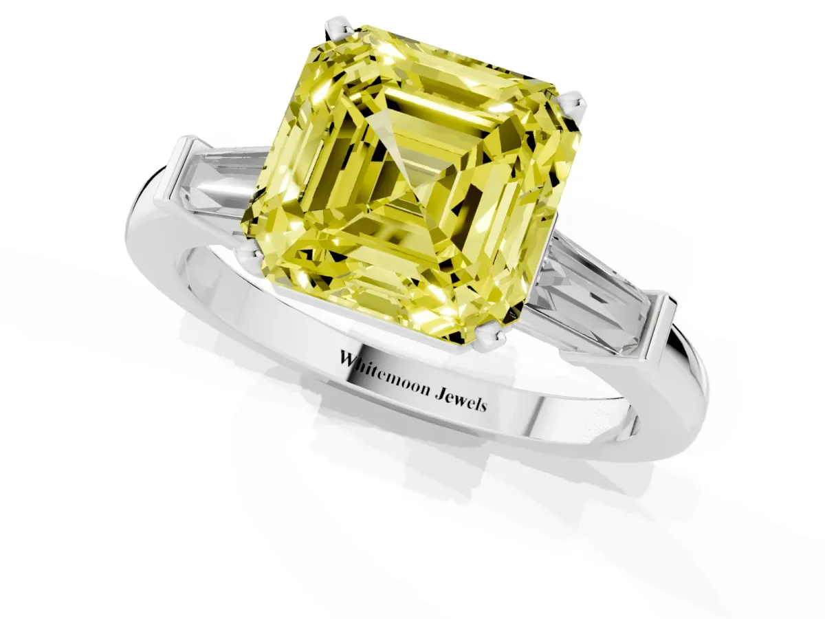Fancy Yellow Asscher Cut Cut Diamond Solitaire Ring with Tapered Baguette Accents and Four-Prong Setting Platinum