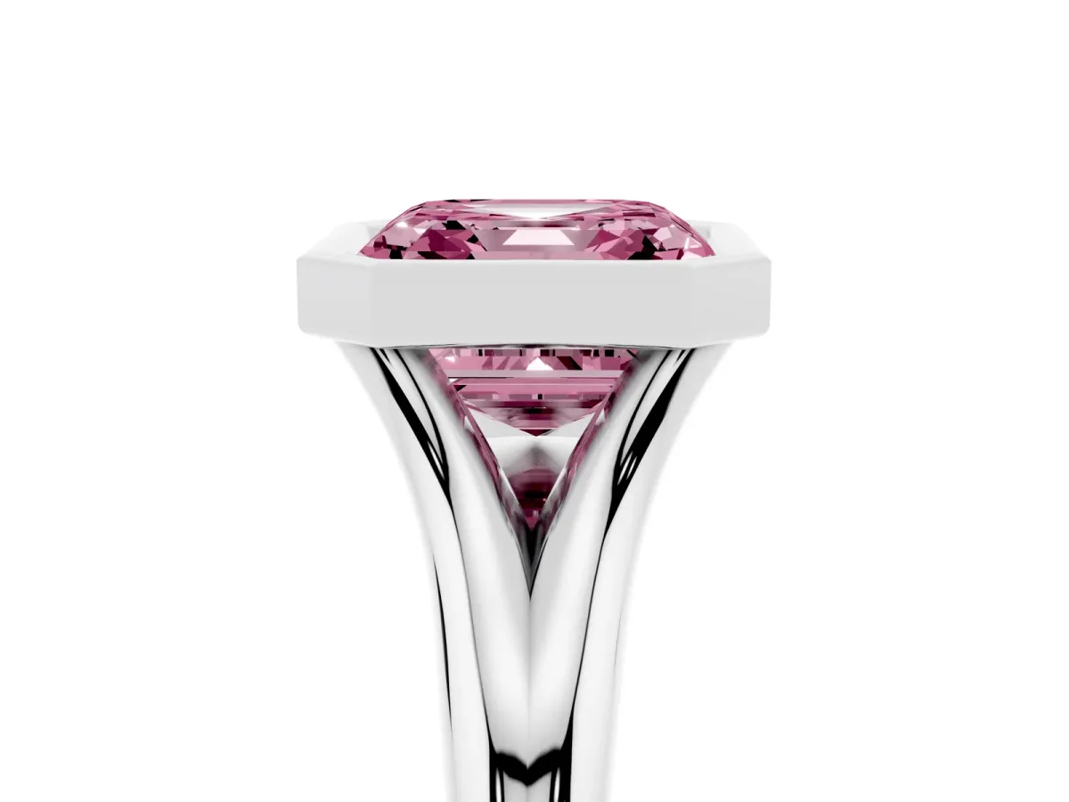 Fancy Pink Bezel Set Asscher Cut Solitaire Diamond Ring with Smooth Band Platinum