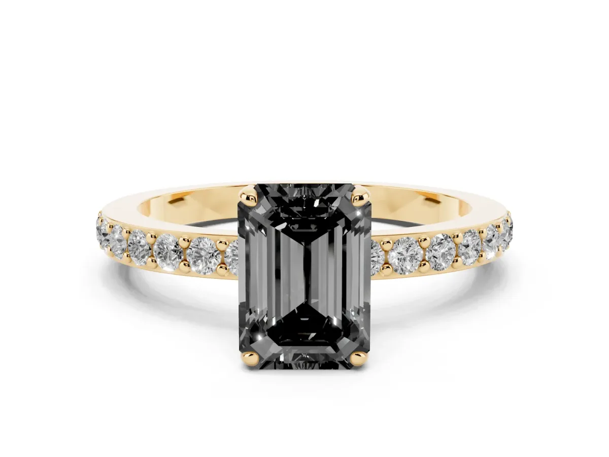Fancy Black Emerald Cut Diamond Solitaire Engagement Ring with Pavé Band and Four-Prong Setting Yellow gold