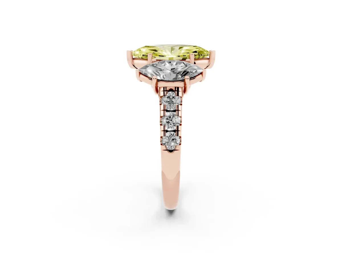 Fancy Yellow Three-Stone Marquise Cut Diamond Pavé Band with Prong Setting Rose gold